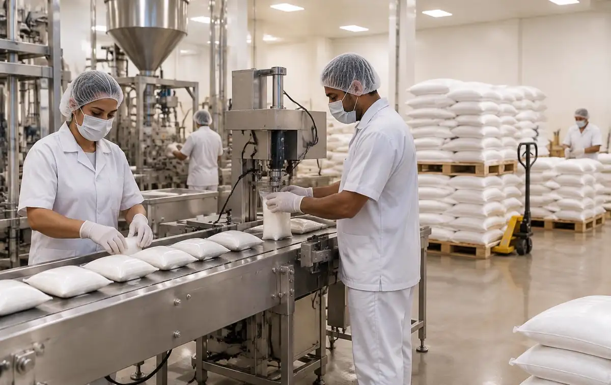 Workers packing food-grade salt on a stainless steel line inside the Soorat Trading facility