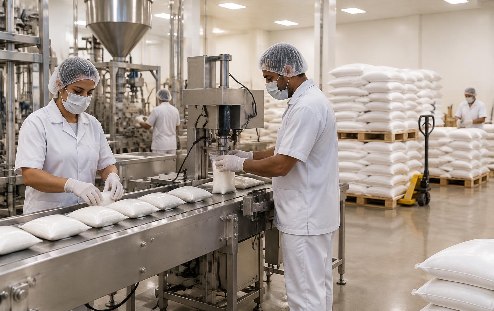 Workers packing food-grade salt on a stainless steel line inside the Soorat Trading facility