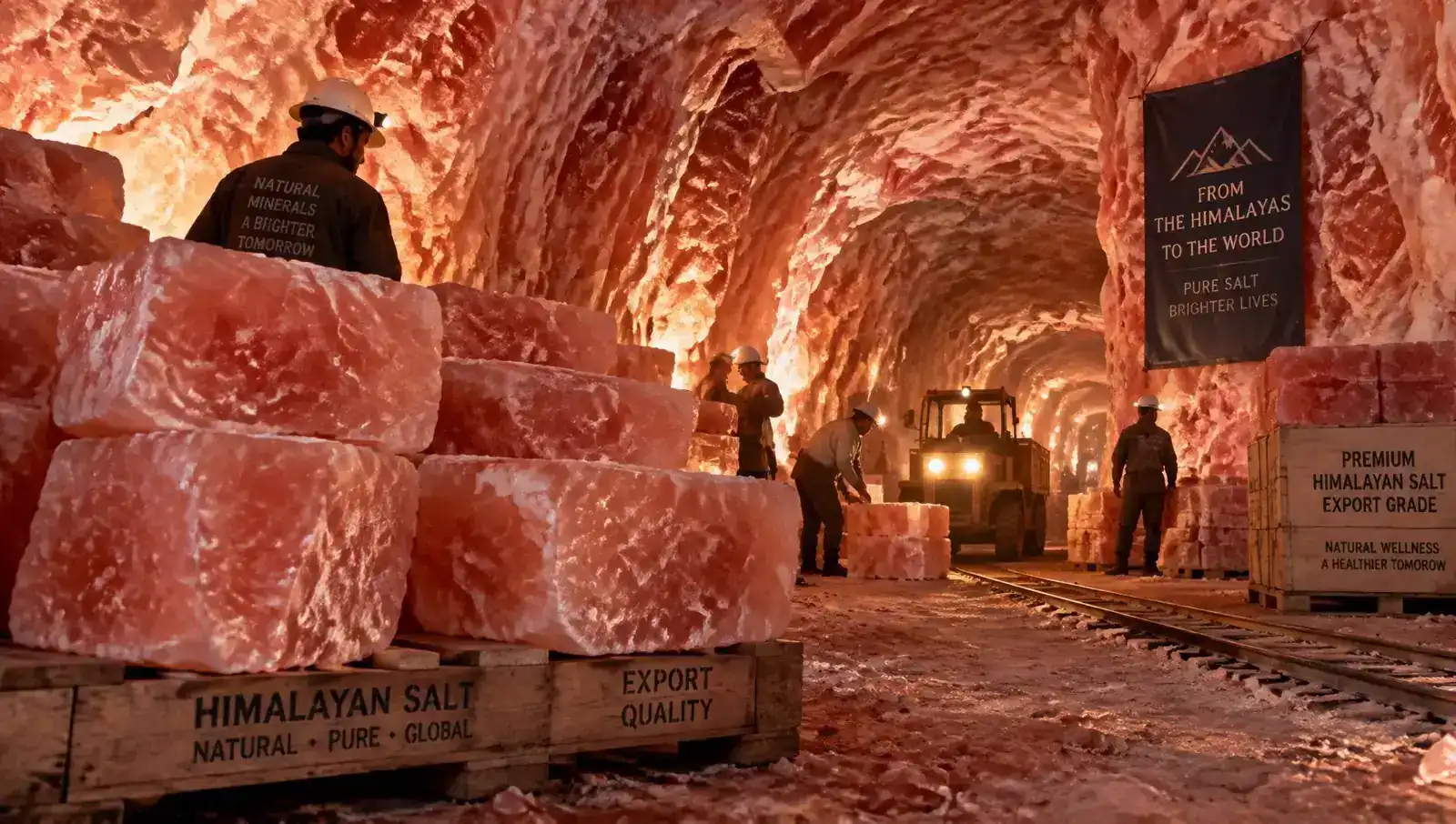 Blocks of Himalayan pink salt stacked inside a glowing salt mine