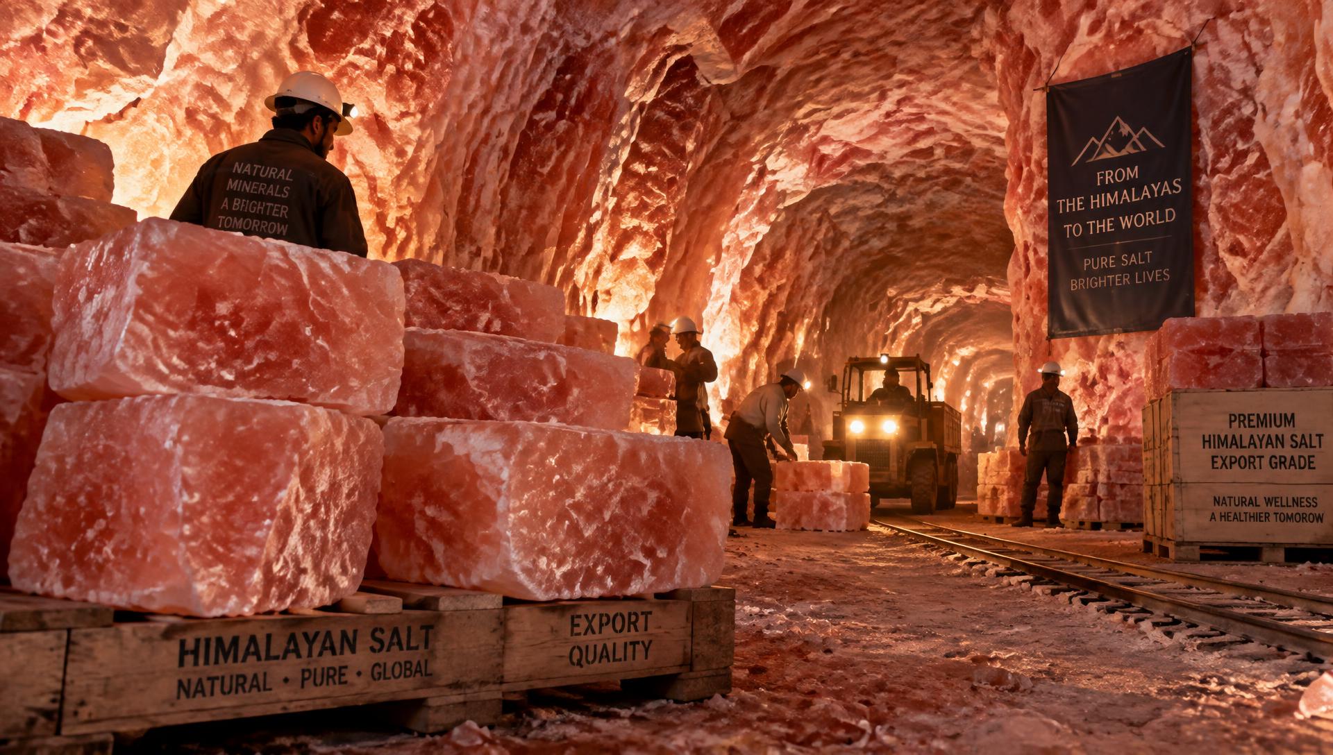 Blocks of Himalayan pink salt stacked inside a glowing salt mine
