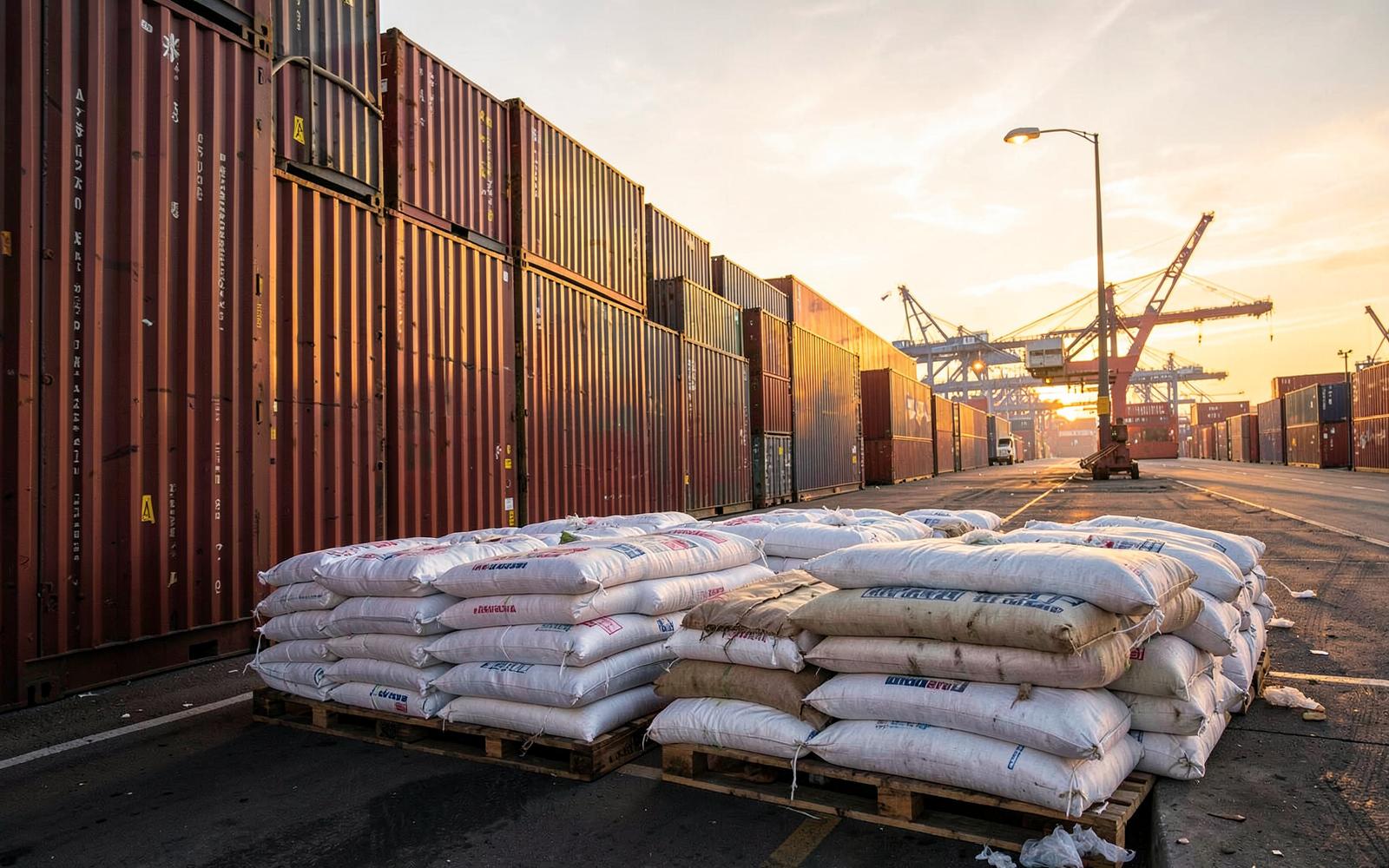 Export pallets beside shipping containers at the port